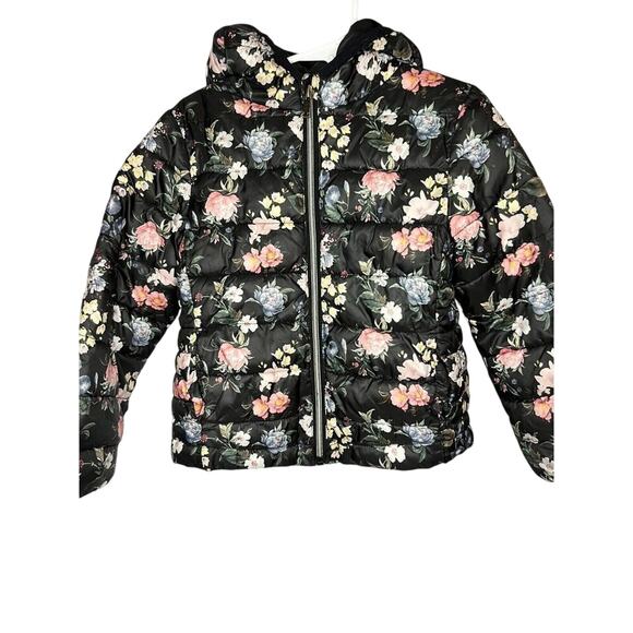 Primark Other - Primark, Floral Puffer Jacket, Black Multicolor, Polyester, Hooded Winter Coat